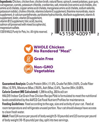 Halo Chicken Recipe Pate Grain-Free Indoor Cat Canned Cat Food