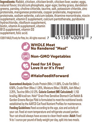 Halo Rabbit & Garden Greens Recipe Grain-Free Sensitive Stomach Canned Cat Food